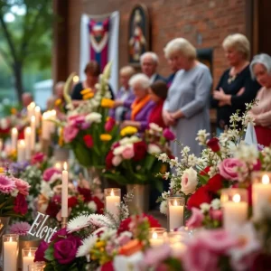 A memorial setup with flowers and candles for a community leader.