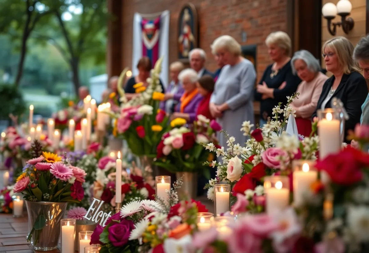 A memorial setup with flowers and candles for a community leader.