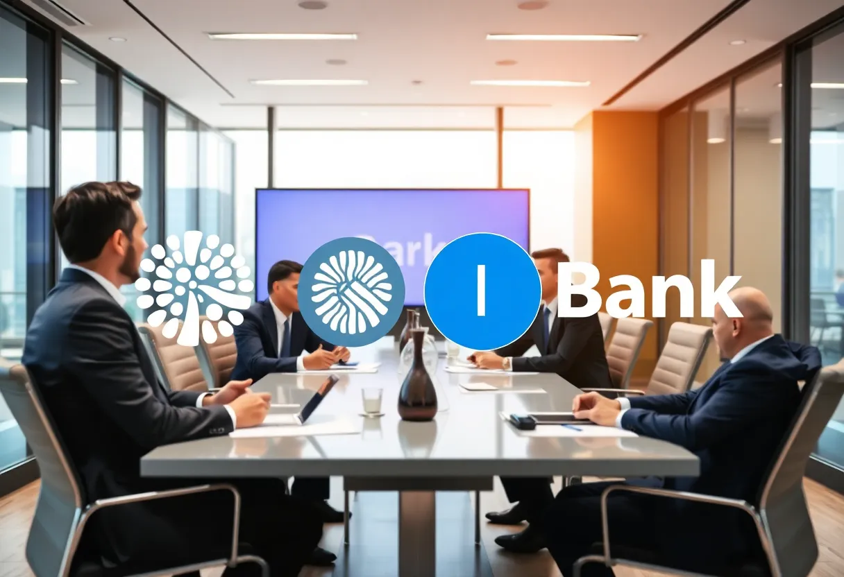 Business executives discussing merger at a conference table