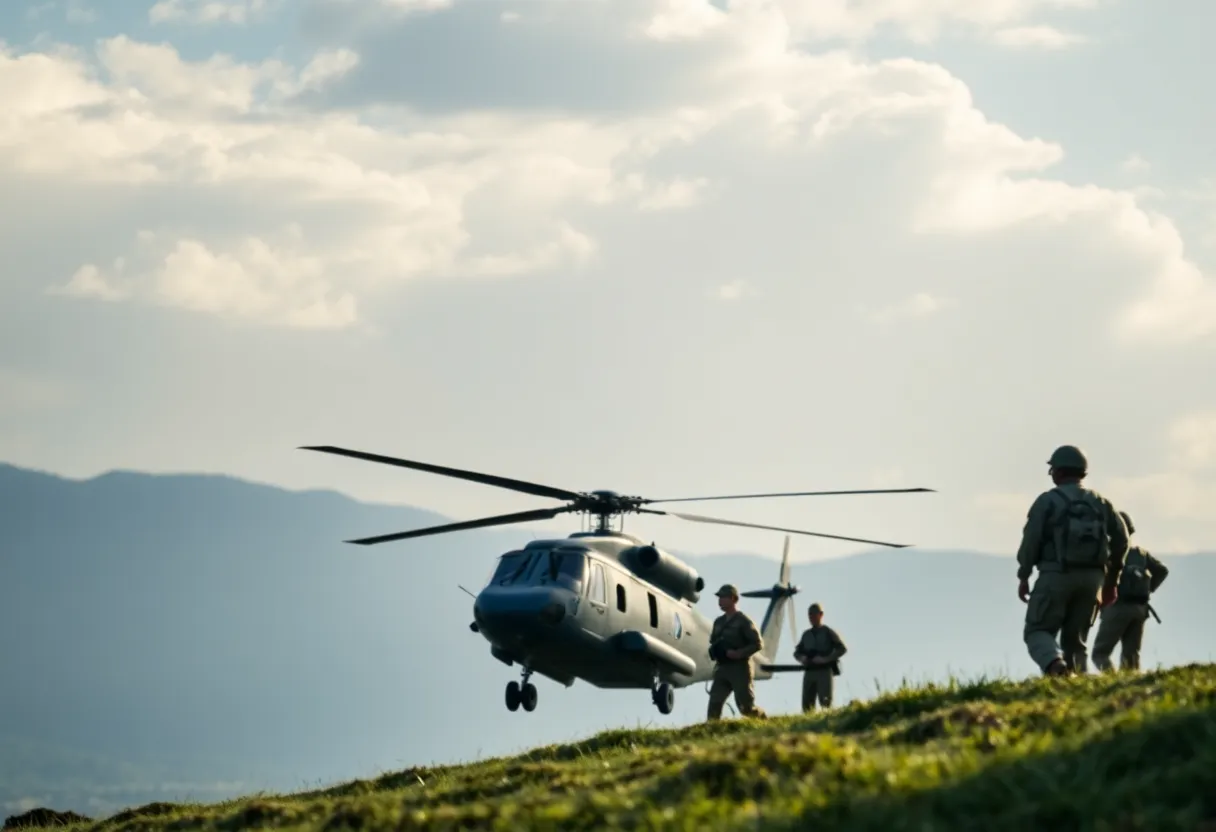 A military helicopter in a tranquil setting symbolizing honor and sacrifice