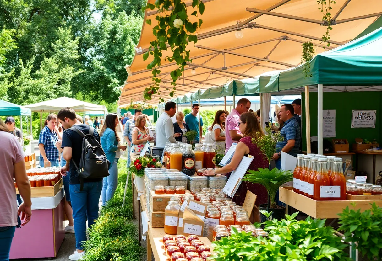 Stalls showcasing Neighborhood Nectar's products at the farmers market