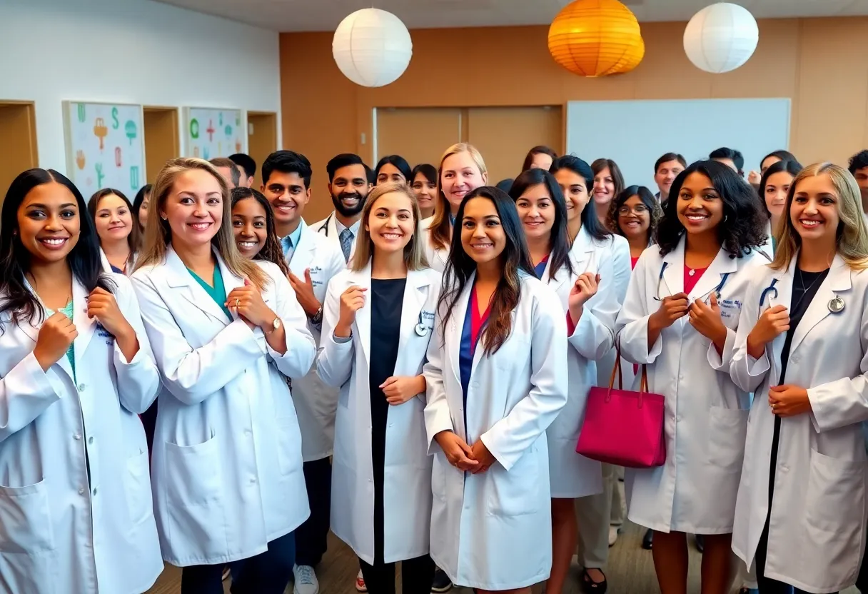 Diverse group of medical scholars at a pinning ceremony