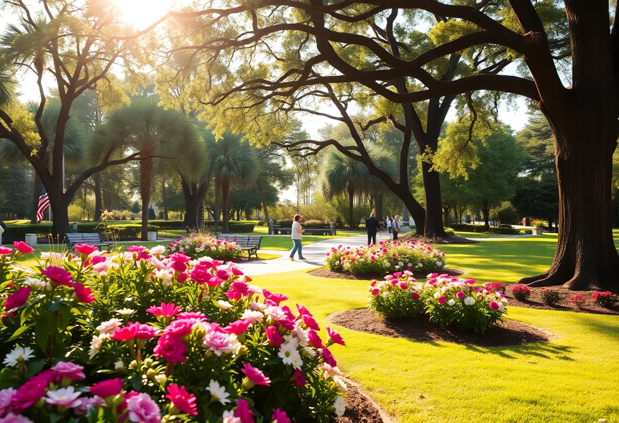 A peaceful garden scene representing remembrance and community love.
