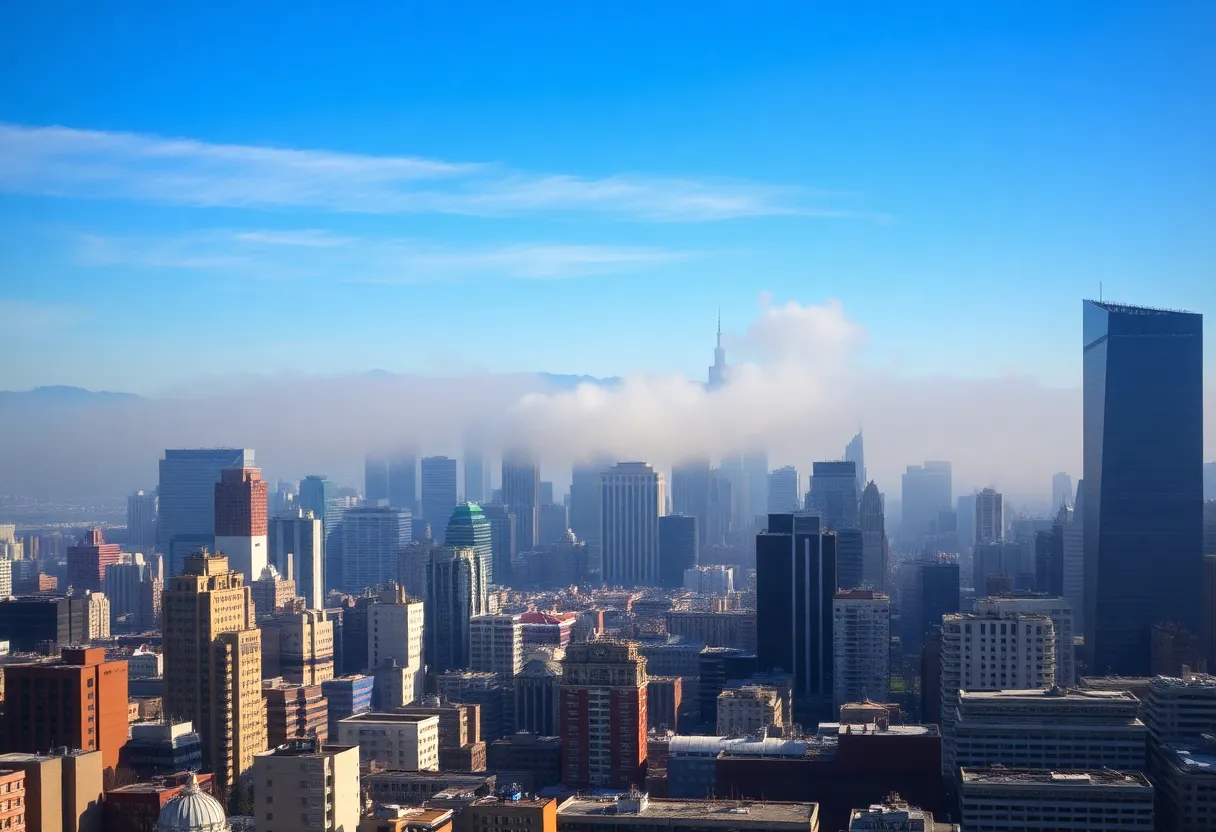 A city skyline plagued by air pollution, showcasing the smog over the buildings.