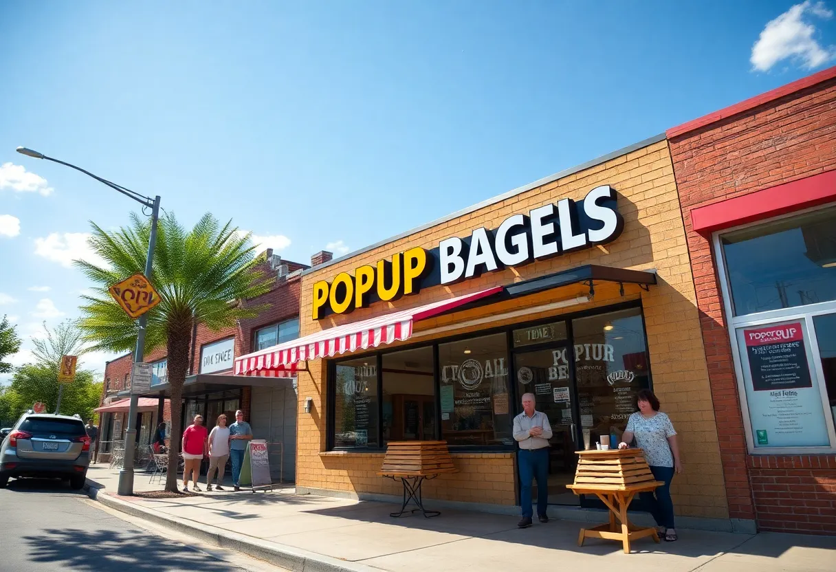 Customers enjoying bagels outside a new PopUp Bagels location