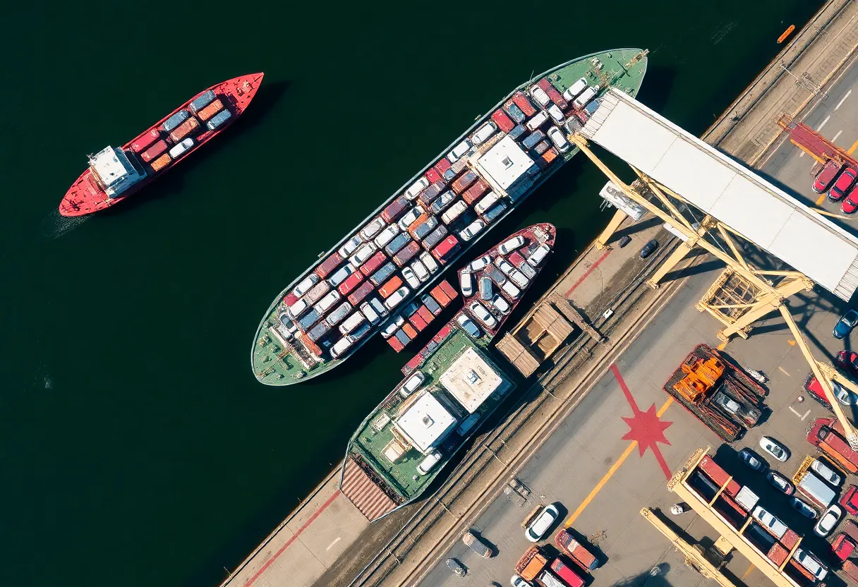 Aerial view of the Port of Brunswick showing cargo ships and loading operations.