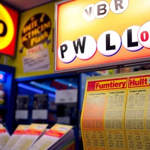Colorful Powerball lottery ticket display in a shop