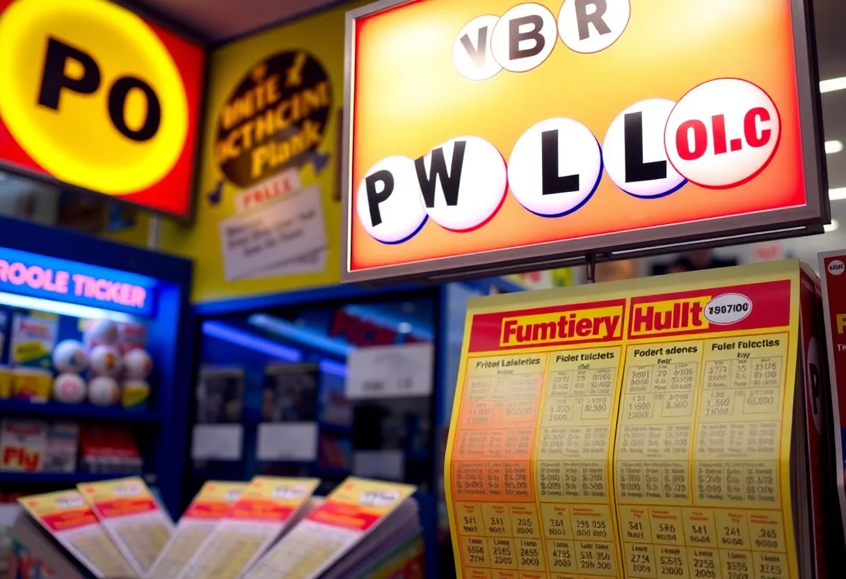Colorful Powerball lottery ticket display in a shop