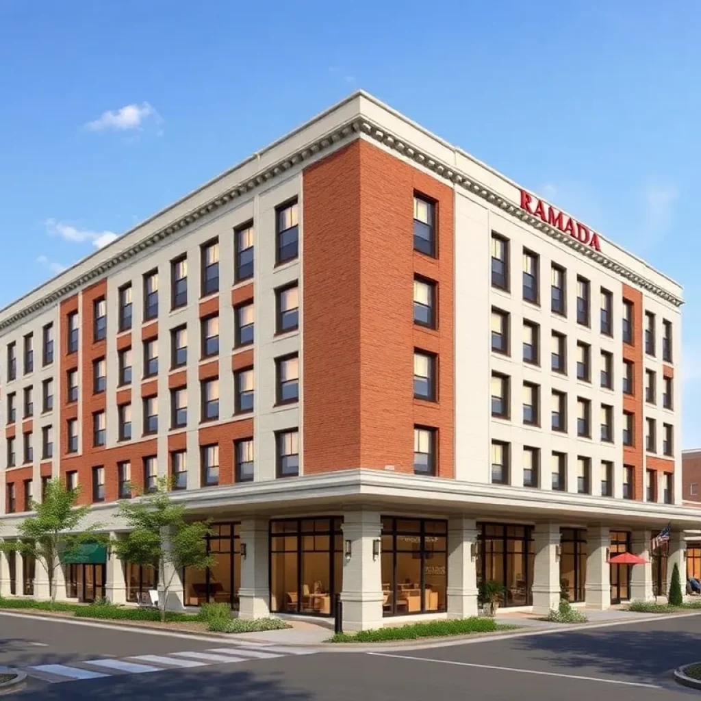 Rendering of the renovated Ramada Hotel in Augusta, showcasing modern design elements and historical architecture.