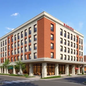 Rendering of the renovated Ramada Hotel in Augusta, showcasing modern design elements and historical architecture.