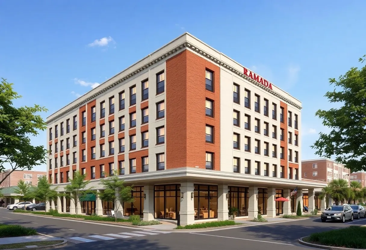 Rendering of the renovated Ramada Hotel in Augusta, showcasing modern design elements and historical architecture.