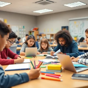 Students engaged in a collaborative learning environment in a classroom.