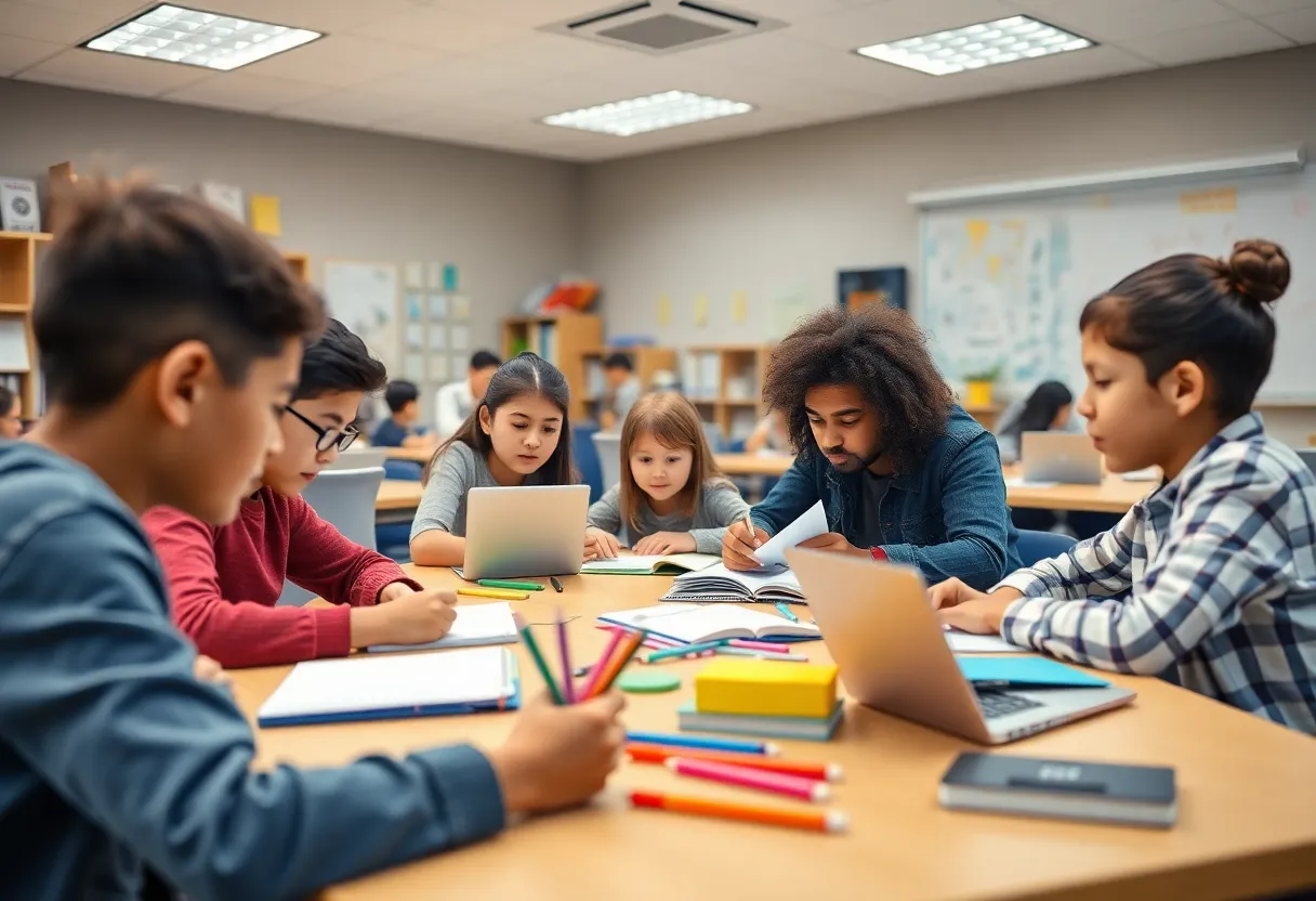 Students engaged in a collaborative learning environment in a classroom.