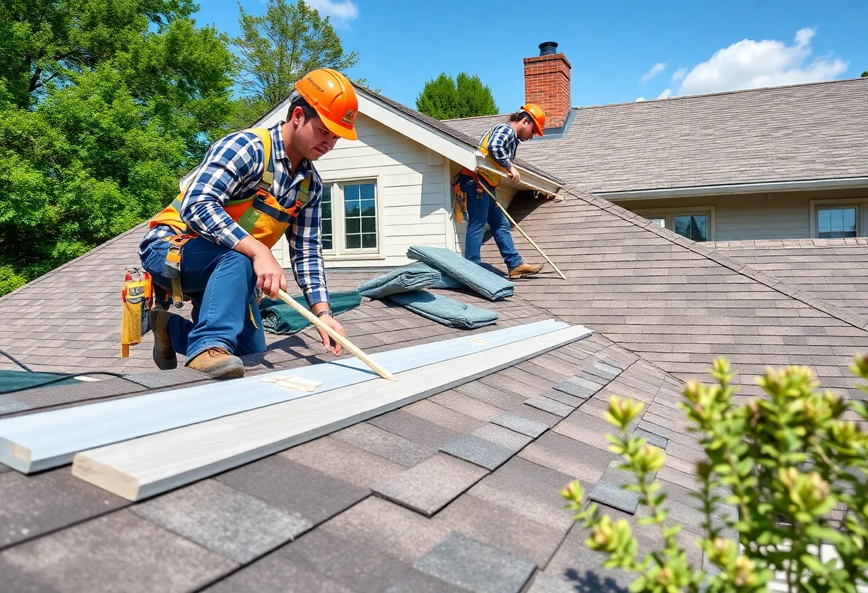 Professional team installing roofing materials on a house