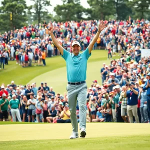 Golfer celebrating a dramatic tournament victory at Augusta National