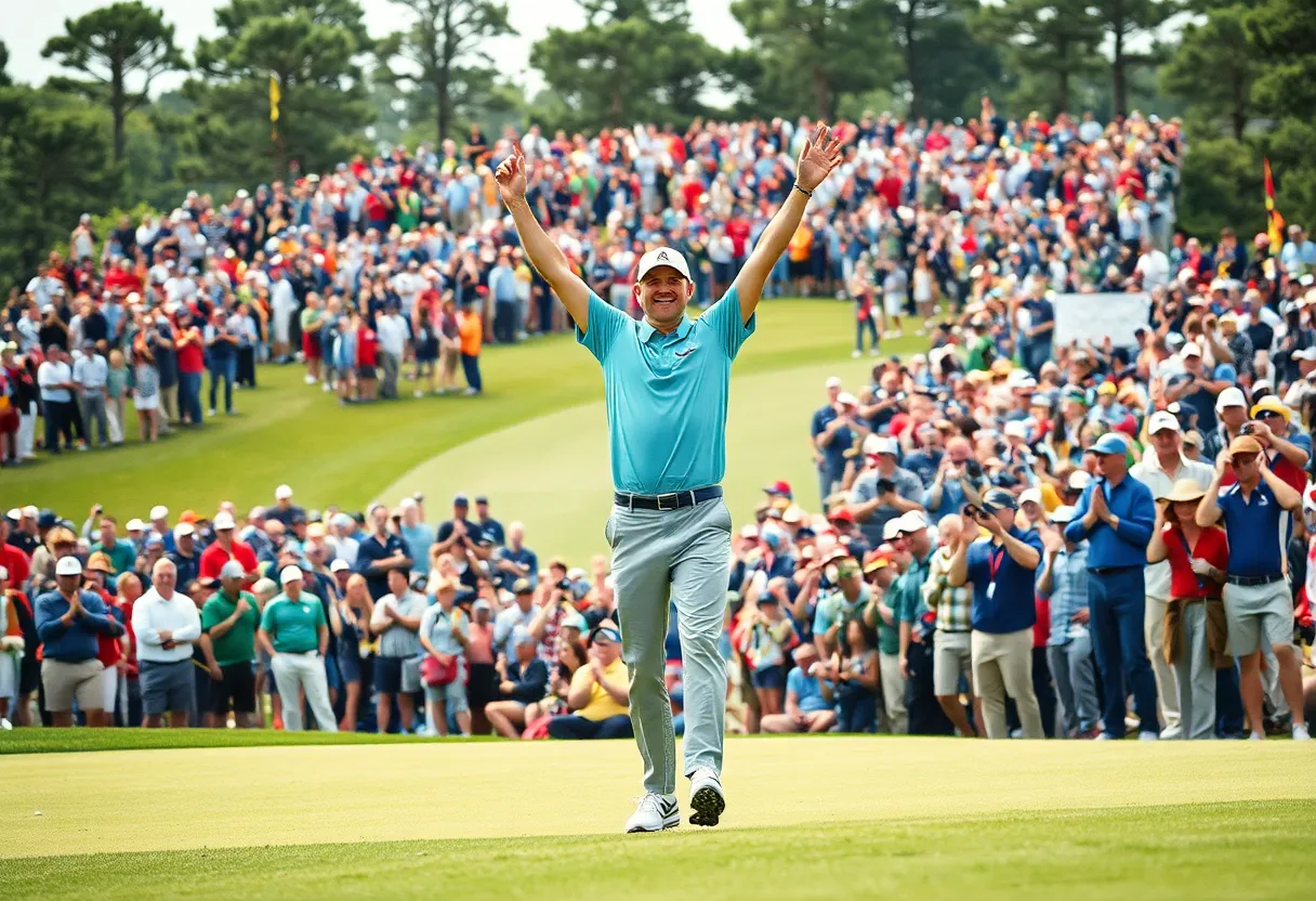 Golfer celebrating a dramatic tournament victory at Augusta National