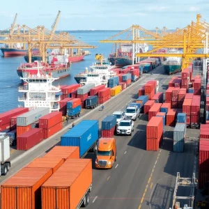 Busy port in Savannah with cargo ships and trucks