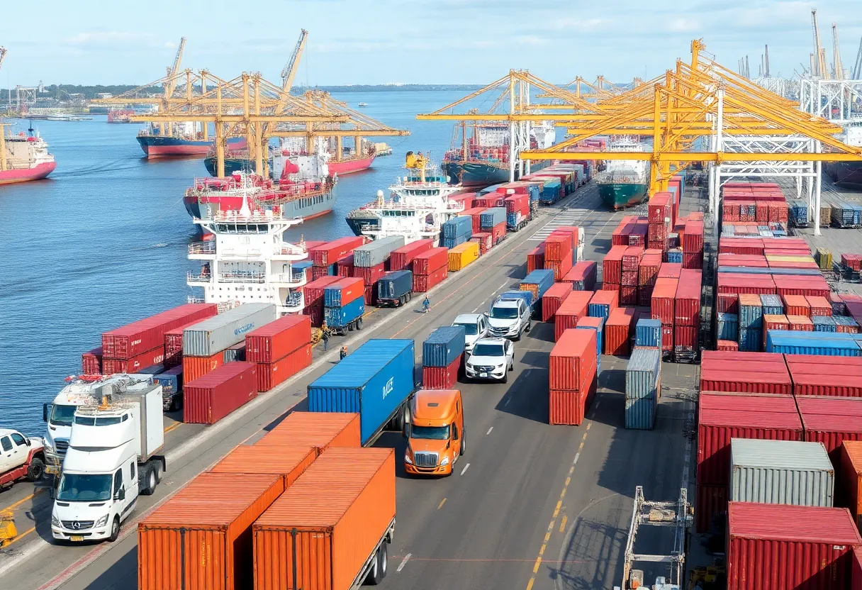 Busy port in Savannah with cargo ships and trucks