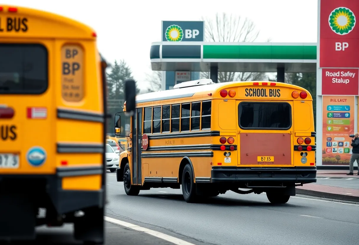 A school bus parked near a gas station after a minor traffic accident