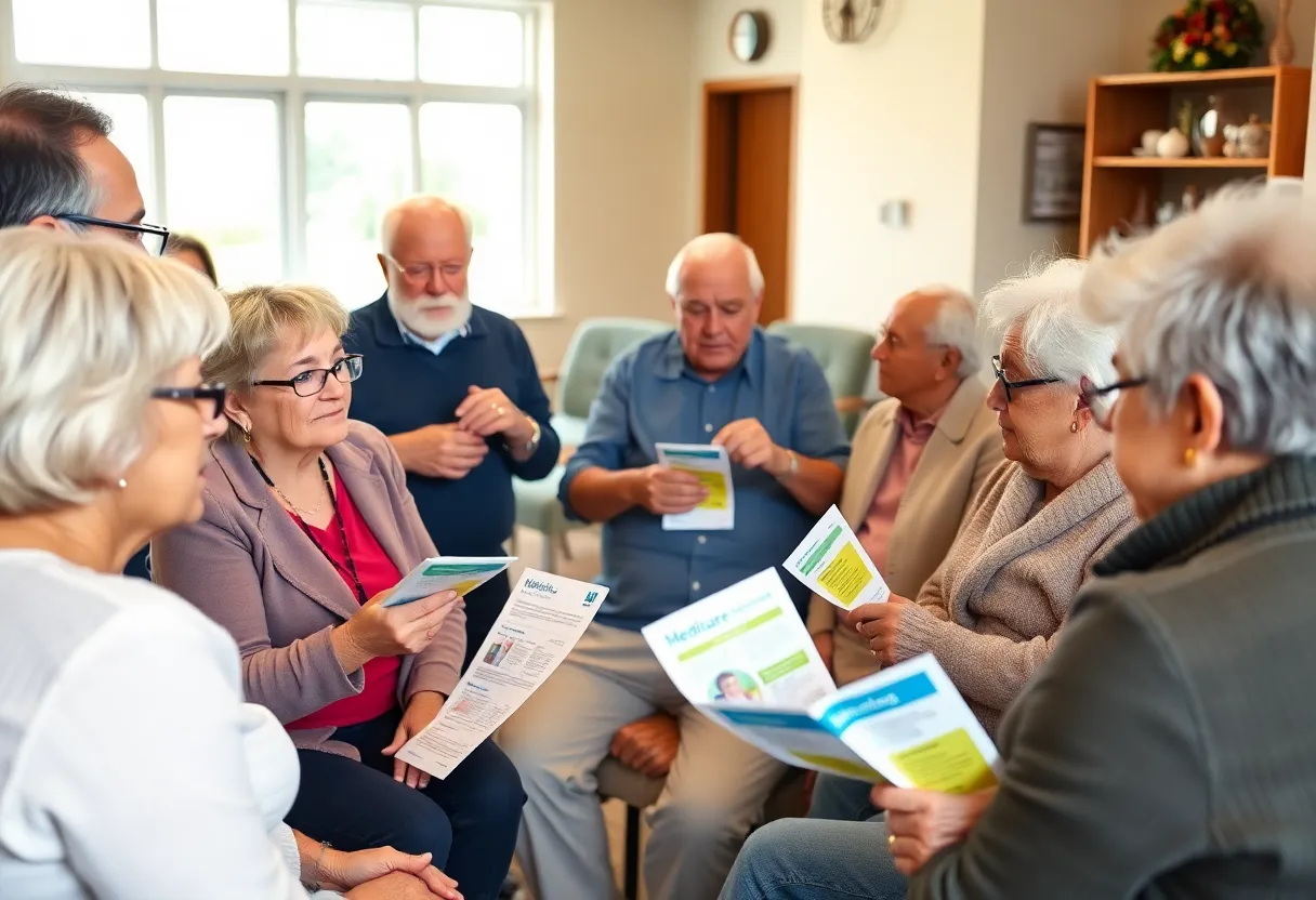 Group of senior citizens discussing healthcare options at a community center