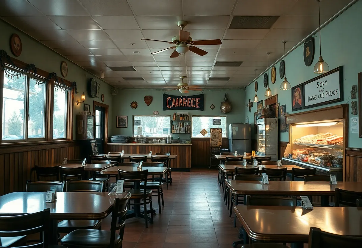 Interior view of Shane's Rib Shack showing empty tables.