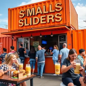 Exterior view of a Smalls Sliders restaurant constructed from an orange shipping container.