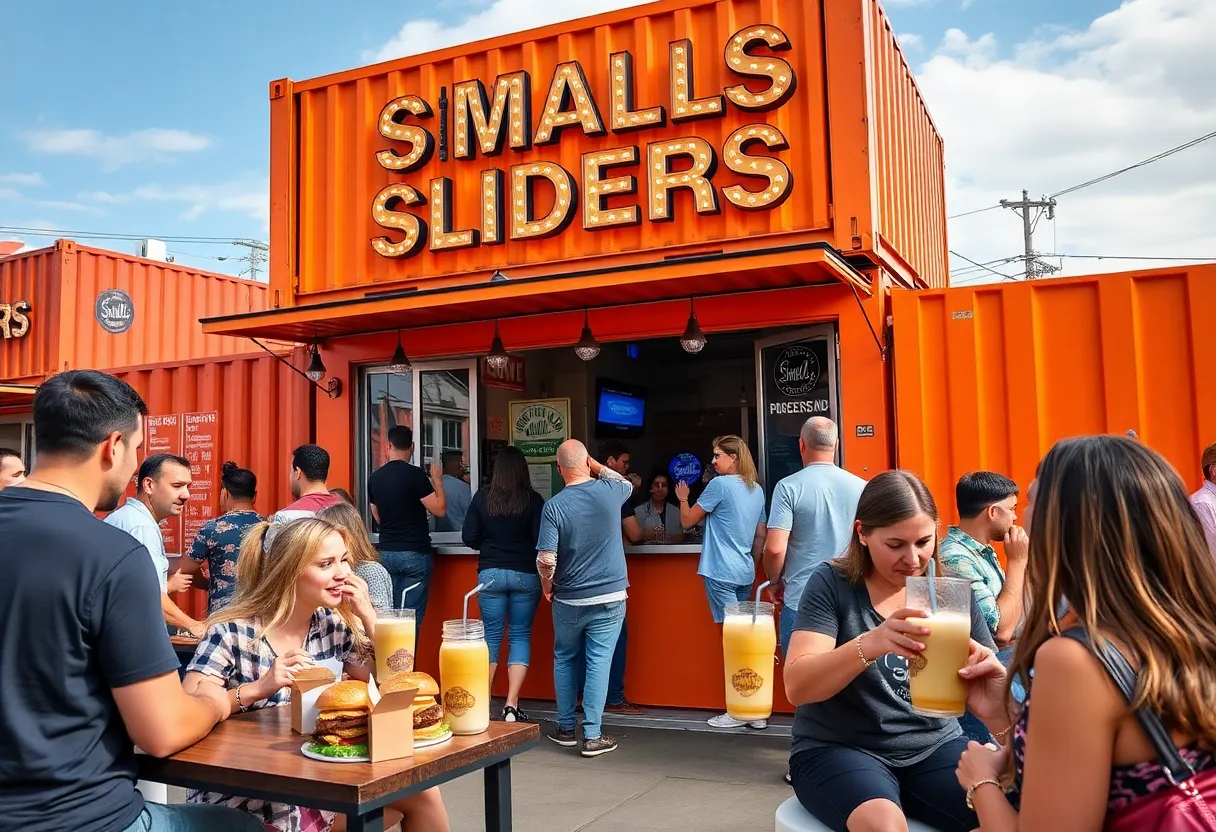 Exterior view of a Smalls Sliders restaurant constructed from an orange shipping container.
