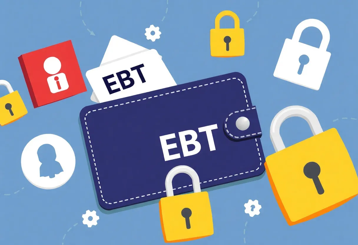 Illustration depicting SNAP fraud with EBT card and cybercrime symbols