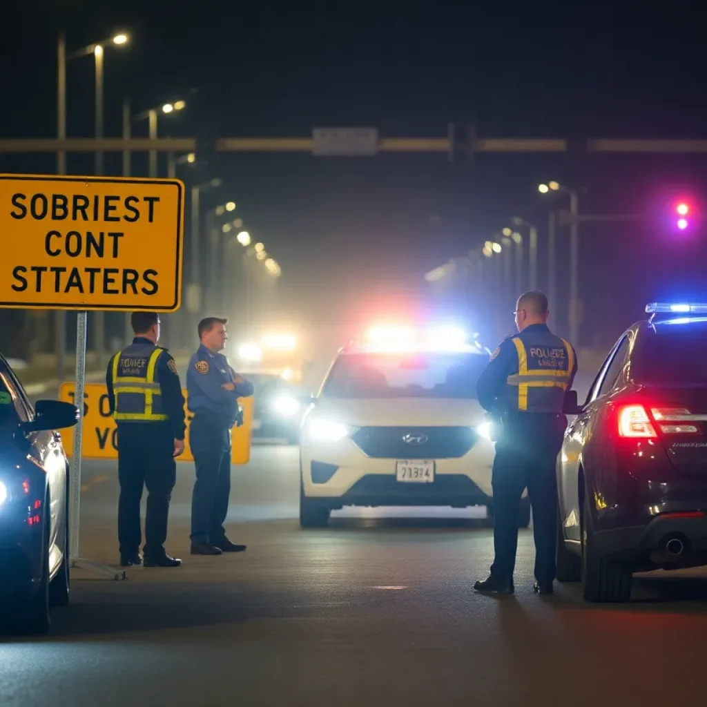 Police conducting a sobriety checkpoint at night with traffic cones and signage.