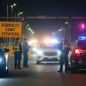 Police conducting a sobriety checkpoint at night with traffic cones and signage.