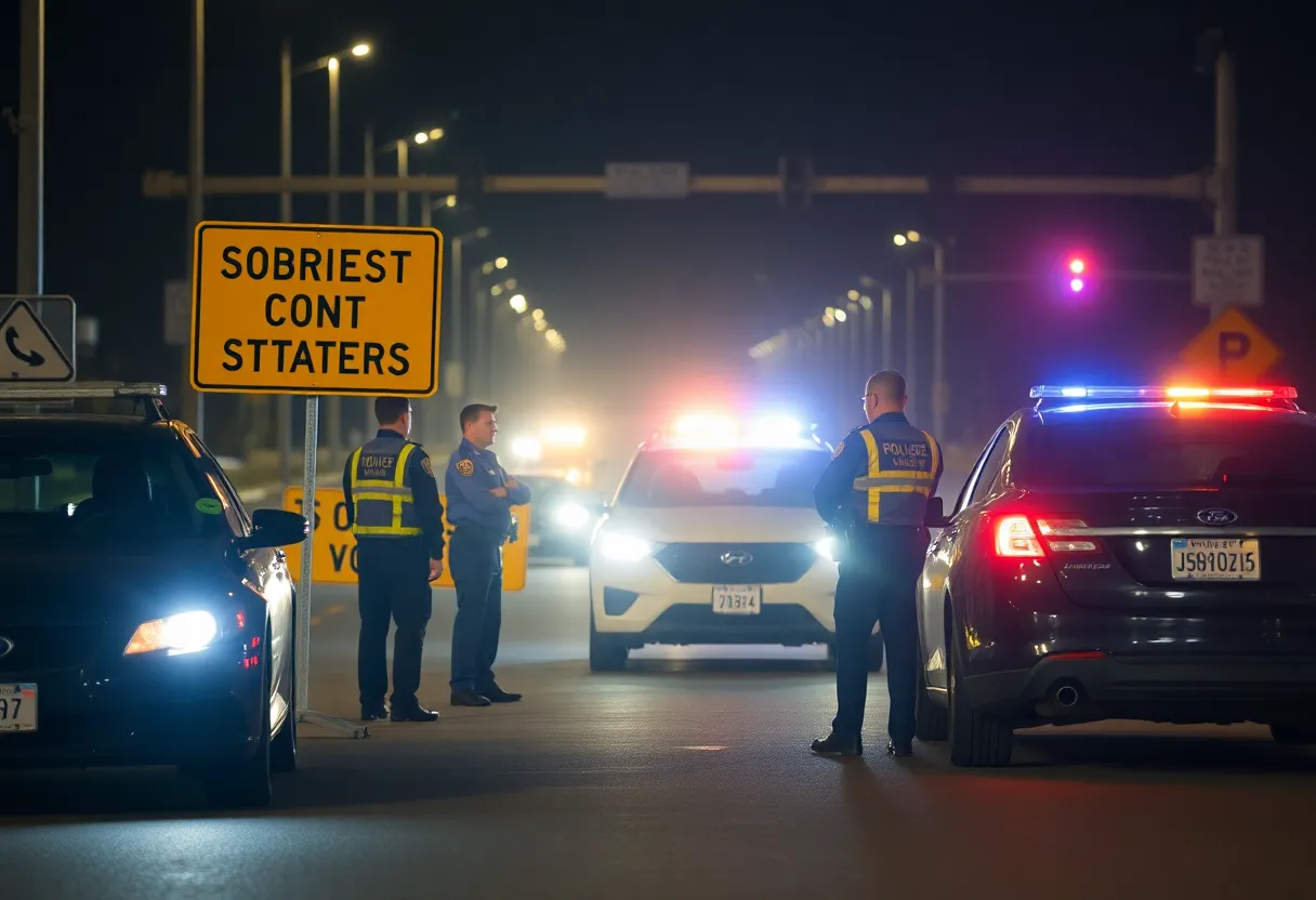 Police conducting a sobriety checkpoint at night with traffic cones and signage.