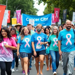 Participants walking in the Step Up Against Cancer event