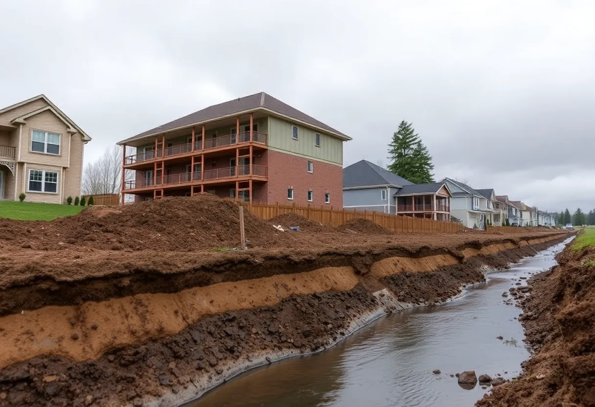 Construction site with visible stormwater runoff affecting nearby properties.