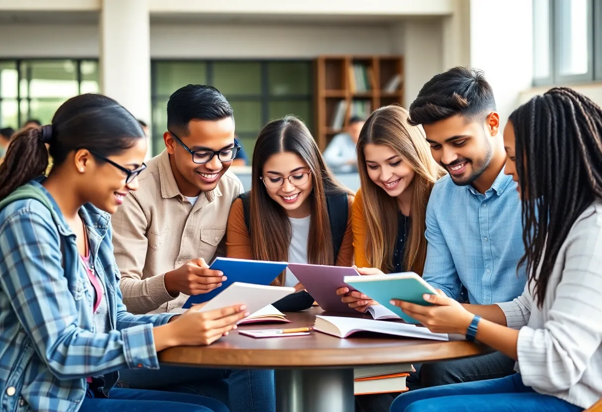 Group of students discussing college coursework together