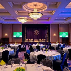 A beautifully arranged banquet hall for Teacher of the Year celebration