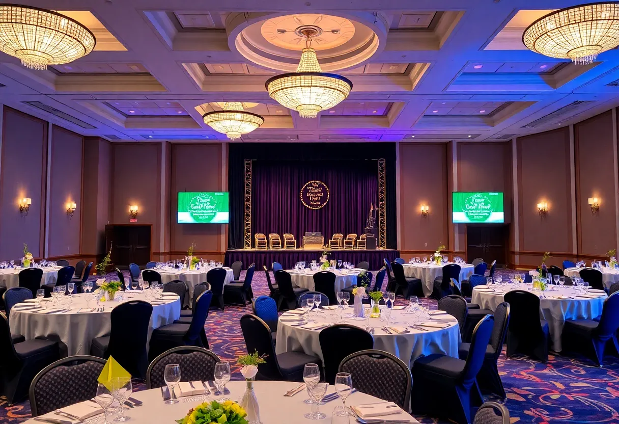 A beautifully arranged banquet hall for Teacher of the Year celebration