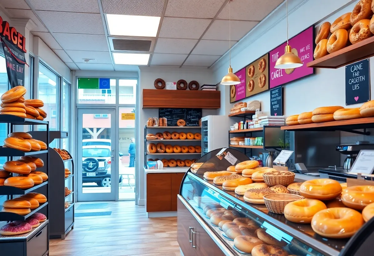 Interior of The Bagel Hole franchise showcasing colorful bagels