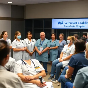 Nurses and veterans participating in a town hall meeting to discuss VA job cuts.