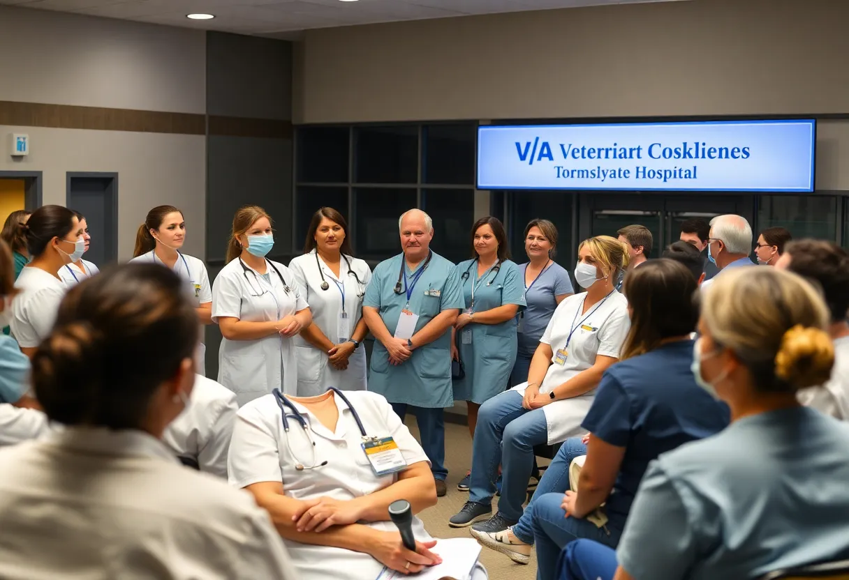 Nurses and veterans participating in a town hall meeting to discuss VA job cuts.