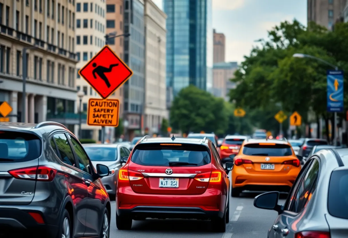 City street with traffic safety signs and vehicles
