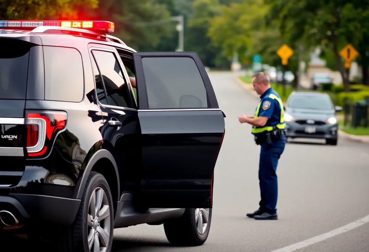 Law enforcement stopping a black SUV during a traffic investigation.