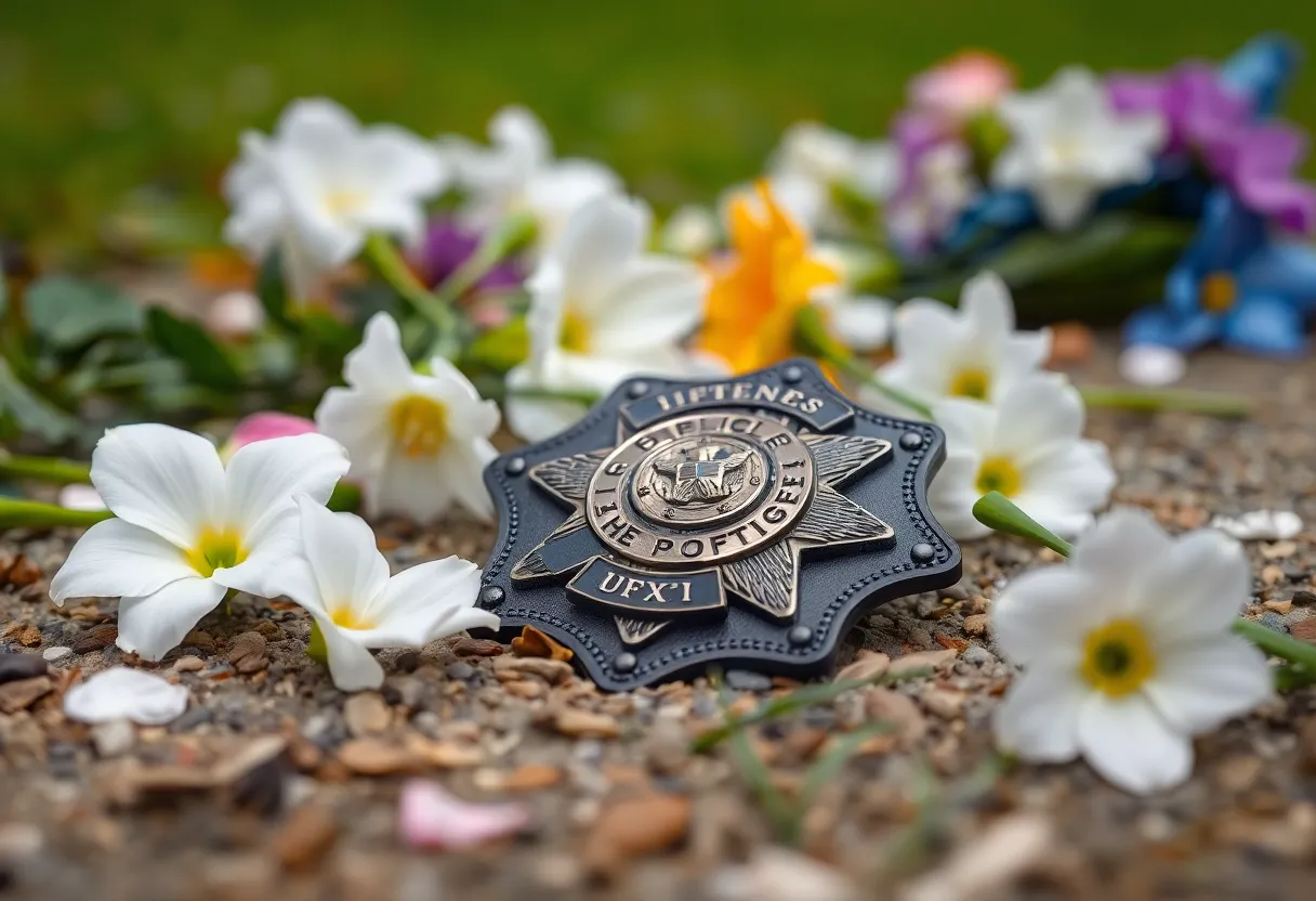 Police badge and flowers tribute