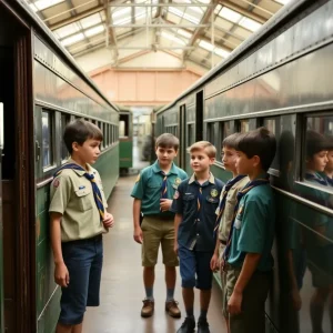 Scouts exploring vintage railroad cars at the South Carolina Railroad Museum