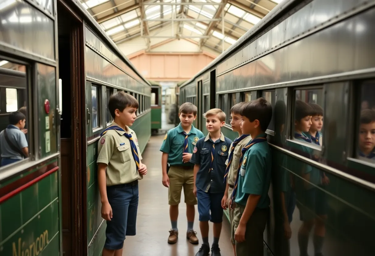 Scouts exploring vintage railroad cars at the South Carolina Railroad Museum