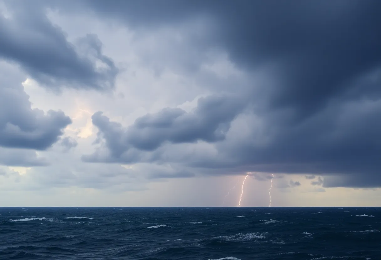 Dark storm clouds over turbulent Atlantic waters indicating hurricane activity