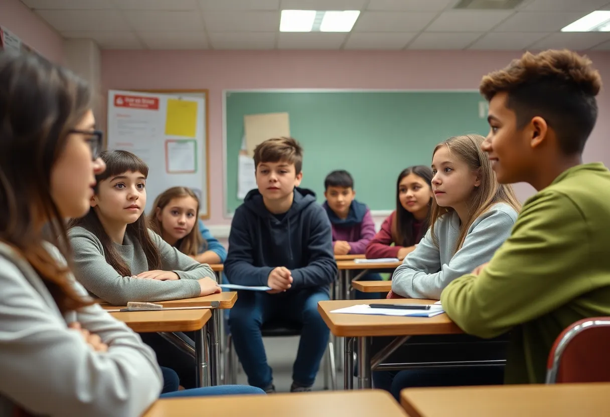 Students engaging in a discussion about school safety and responsible communication