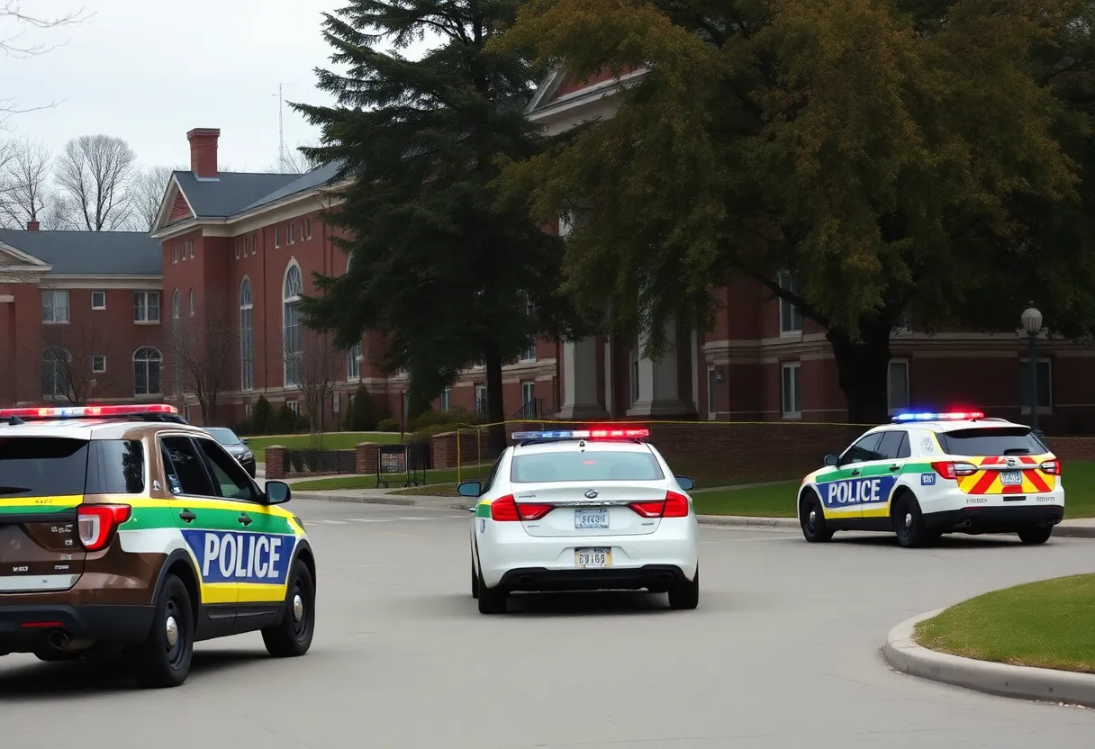 Police vehicles surrounding UGA Main Library after a hoax incident
