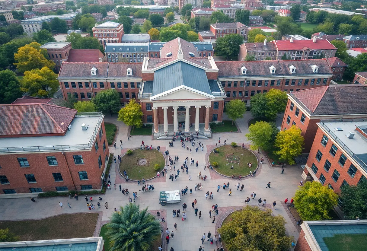 Aerial view of a university campus filled with students and activities.
