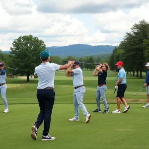 Golfers from Virginia Tech practicing on the course