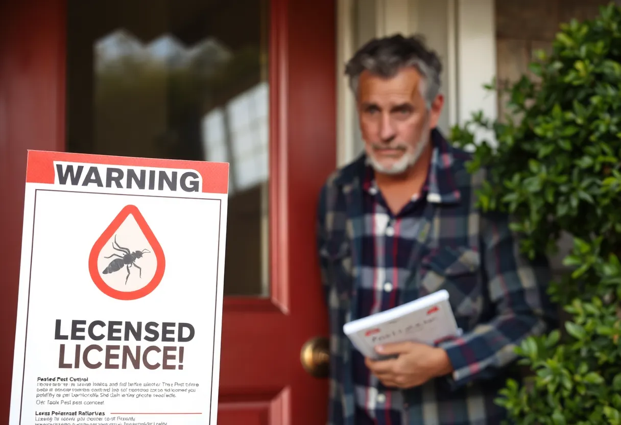 Homeowner considering pest control flyer with warning signs